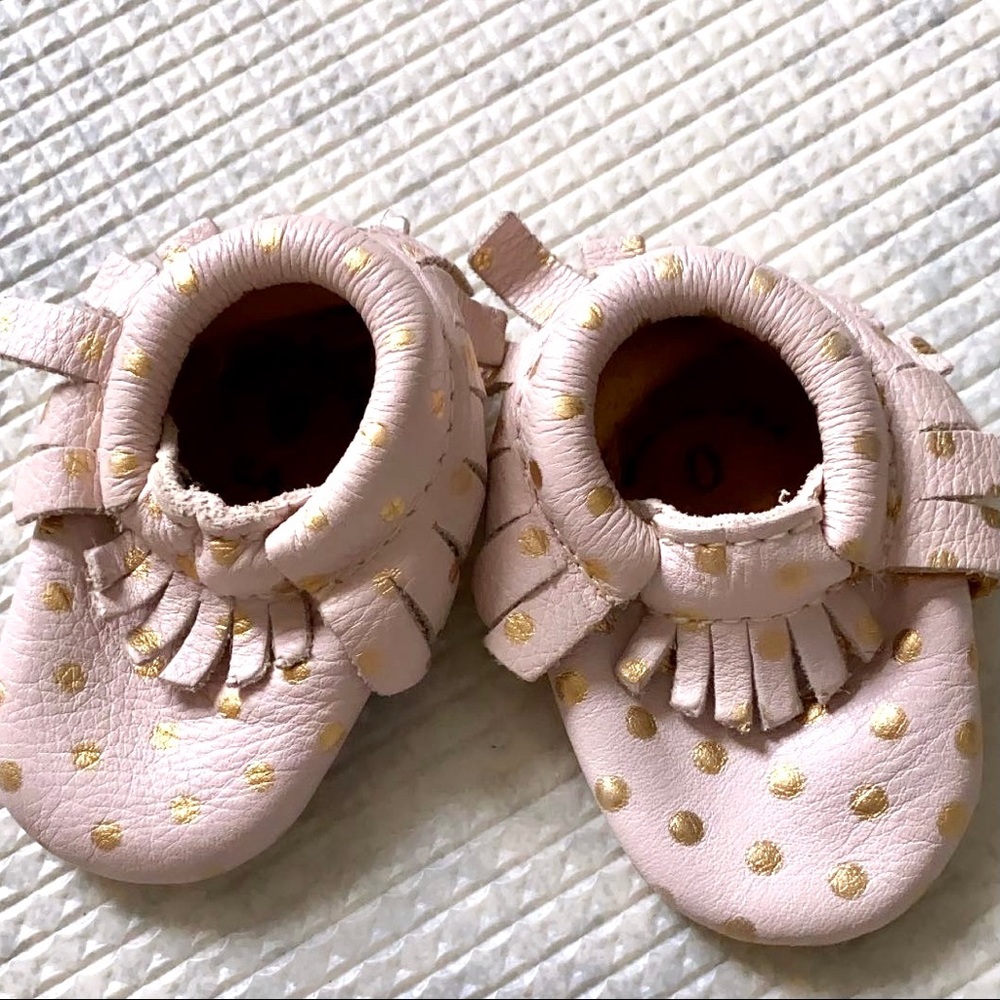 Freshly Picked Gold Pink Polka Dot Moccasins Baby